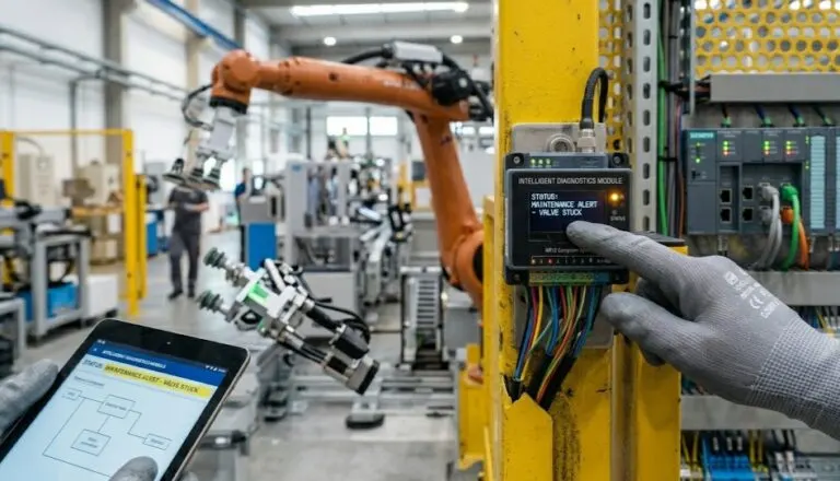 Sensor magnético de segurança instalado em uma grade de proteção amarela
