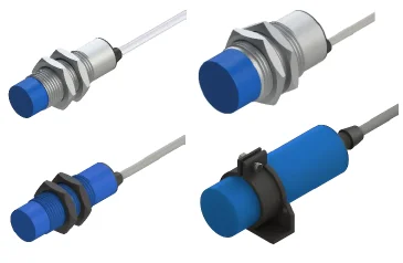 Sensores capacitivos tubulares Tecnotron com face azul, em corpo metálico e plástico, um deles com abraçadeira de fixação