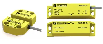 Sensores magnéticos de segurança Tecnotron amarelos, com o sensor e o atuador em formato retangular e em formato compacto