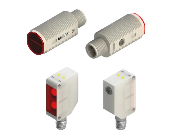 Sensores ópticos Tecnotron em corpo tubular com conector e em formato retangular compacto, com lente vermelha