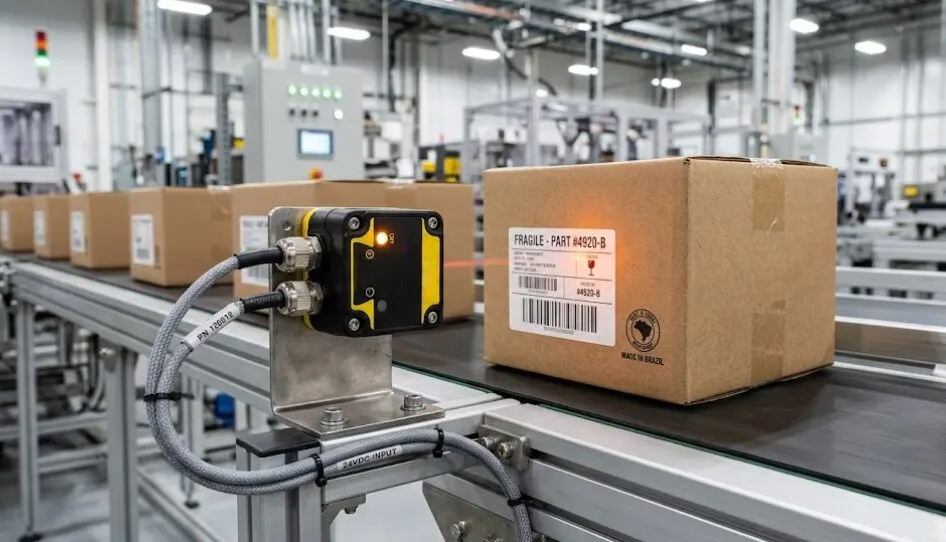 Sensor óptico detectando caixas em uma esteira rolante