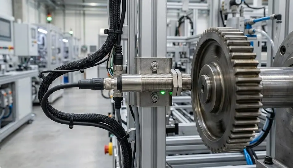 sensor tubular de aço inox detectando uma engrenagem metálica em movimento